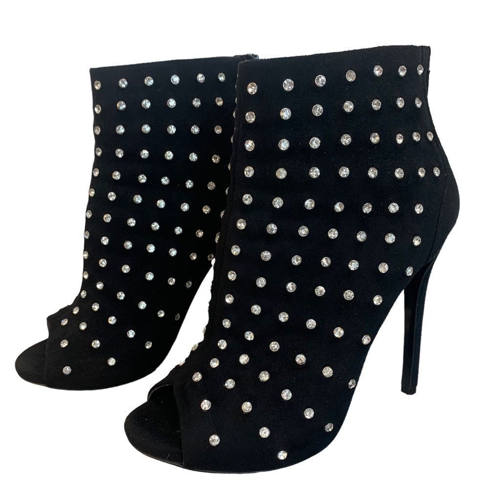 Aldo black crystal rhinestone embellished peep toe high heel ankle boots Sz 7
